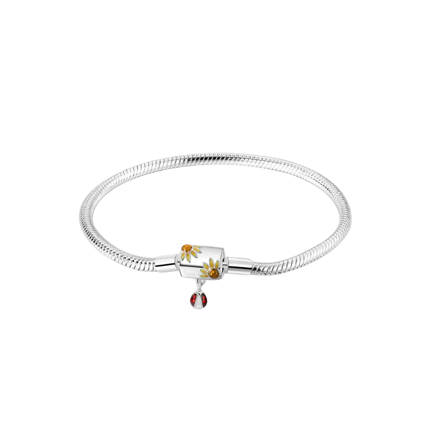 Pulsera Cadena de Serpiente con Cierre de Girasoles y Mariquita en Plata de Ley 925 Compatible con Charms Estilo Europeo