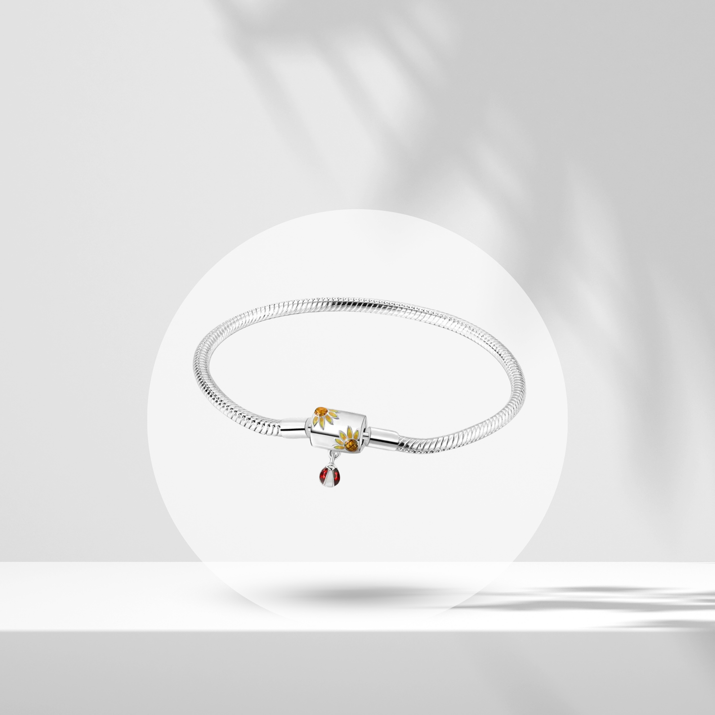 Pulsera Cadena de Serpiente con Cierre de Girasoles y Mariquita en Plata de Ley 925 Compatible con Charms Estilo Europeo