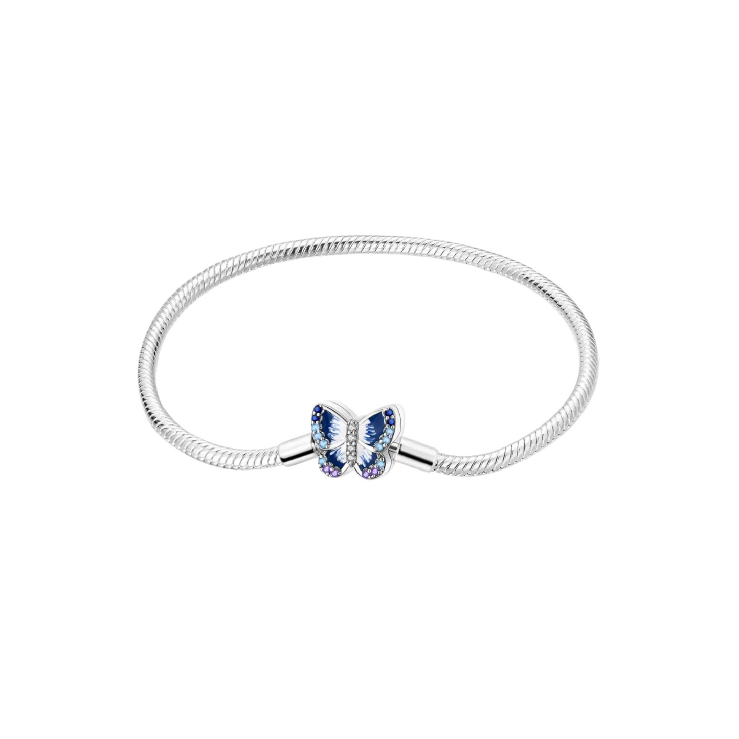 Pulsera Cadena de Serpiente con Cierre de Mariposa Azul en Plata de Ley 925 Compatible con Charms Europeos