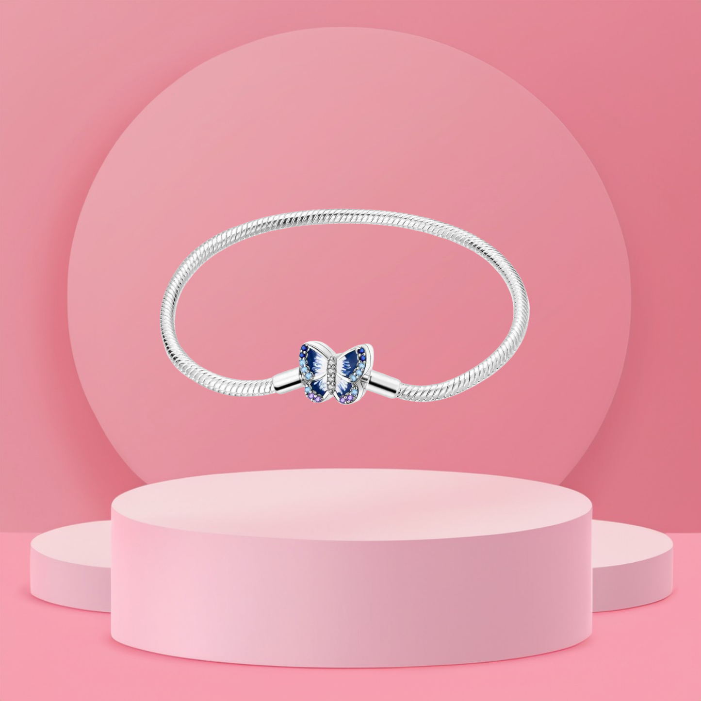 Pulsera Cadena de Serpiente con Cierre de Mariposa Azul en Plata de Ley 925 Compatible con Charms Europeos