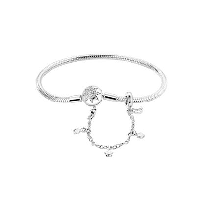 Pulsera Cadena de Serpiente con Cierre de Sol Brillante y Cadena de Seguridad con Estrellas en Plata de Ley 925
