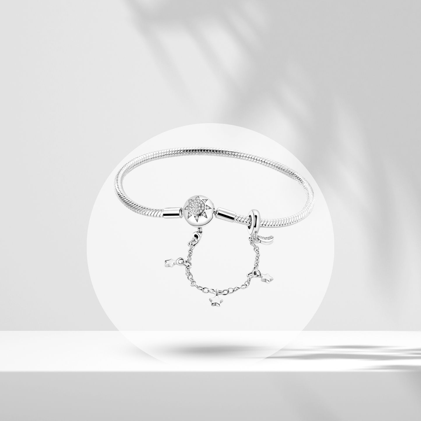 Pulsera Cadena de Serpiente con Cierre de Sol Brillante y Cadena de Seguridad con Estrellas en Plata de Ley 925