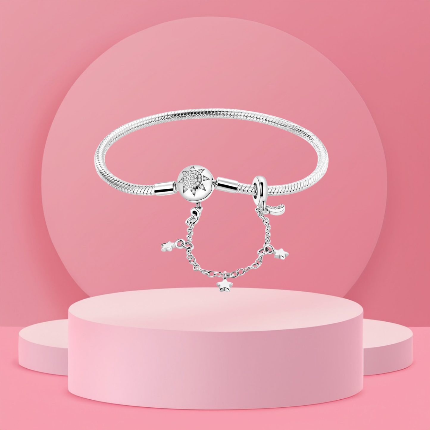 Pulsera Cadena de Serpiente con Cierre de Sol Brillante y Cadena de Seguridad con Estrellas en Plata de Ley 925