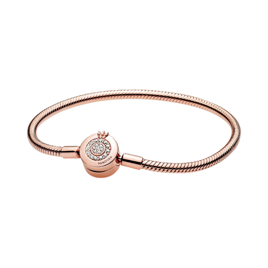 Pulsera Pandora Cadena de Serpiente O Coronada Brillante Moments Color Oro Rosa - BeJoyasVintage