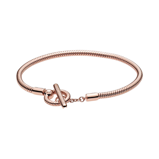 Pulsera Pandora Diseño Cadena de Serpiente Barra en T de Pandora Moments en Color Oro Rosa - BeJoyasVintage
