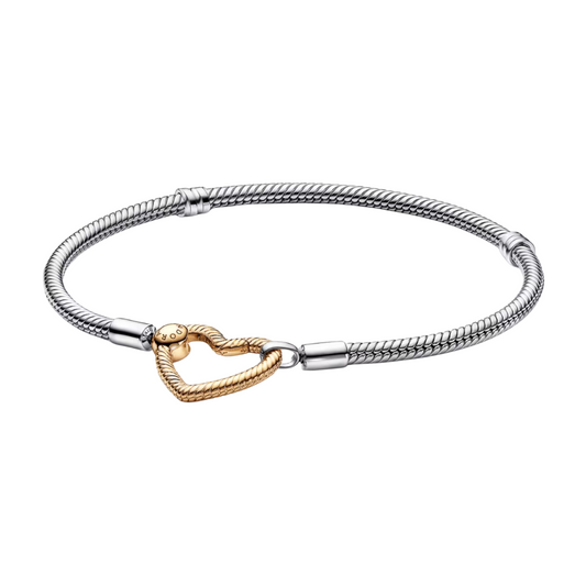 Pulsera Pandora Moments Cadena de Serpiente Cierre Corazón Color Oro y Plata - BeJoyasVintage