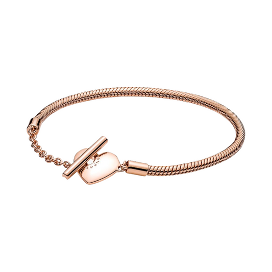 Pulsera Pandora Moments Cadena de Serpiente con cierre en T y Corazón en Color Oro Rosa - BeJoyasVintage