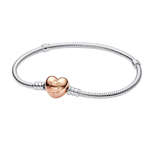 Pulsera Pandora Moments con cierre de Corazón en Color Oro Rosa y Diseño Cadena de Serpiente - BeJoyasVintage