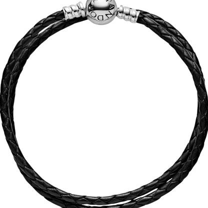 Pulsera Pandora Moments en cuero trenzado doble negro - BeJoyasVintage
