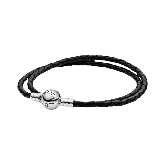 Pulsera Pandora Moments en cuero trenzado doble negro - BeJoyasVintage