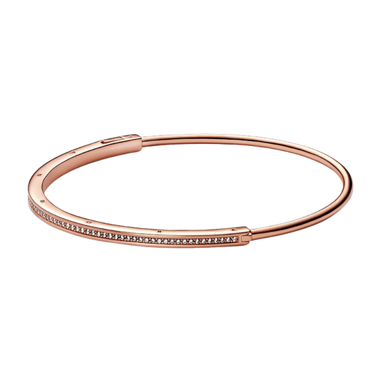 Pulsera Pandora Rígida Pandora Signature I-D Pavé en Color Oro Rosa - BeJoyasVintage