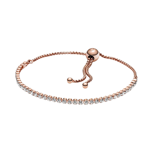 Pulsera Pandora Tenis Deslizante Brillante en Color Oro Rosa - BeJoyasVintage