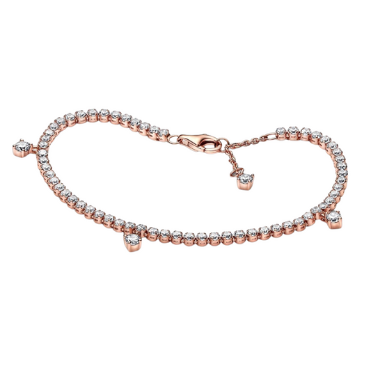 Pulsera Pandora Tenis Gotas Brillantes en Color Oro Rosa - BeJoyasVintage