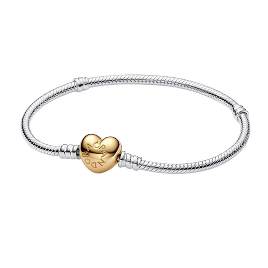 Pulsera Pandora de Cadena de Serpiente con Cierre de Corazón en Color Oro - BeJoyasVintage