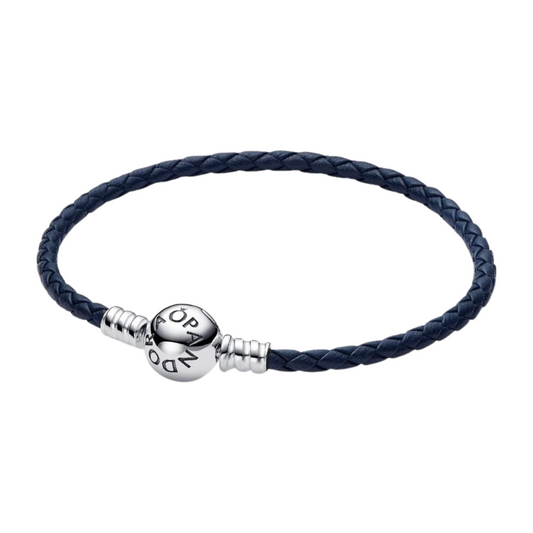 Pulsera Pandora de Cuero Trenzado Azul con Cierre Redondo de Pandora Moments - BeJoyasVintage