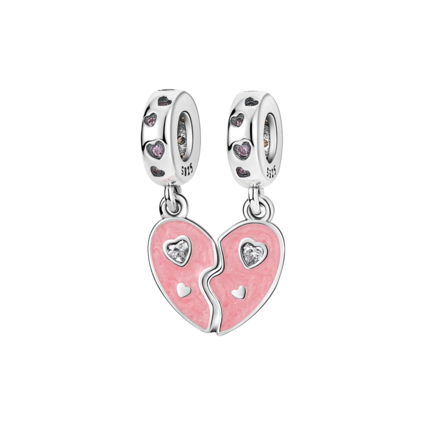 Set de Charms Colgantes Corazón Dividido Rosa con Detalles Brillantes en Plata de Ley 925 Compatibles con Pulseras