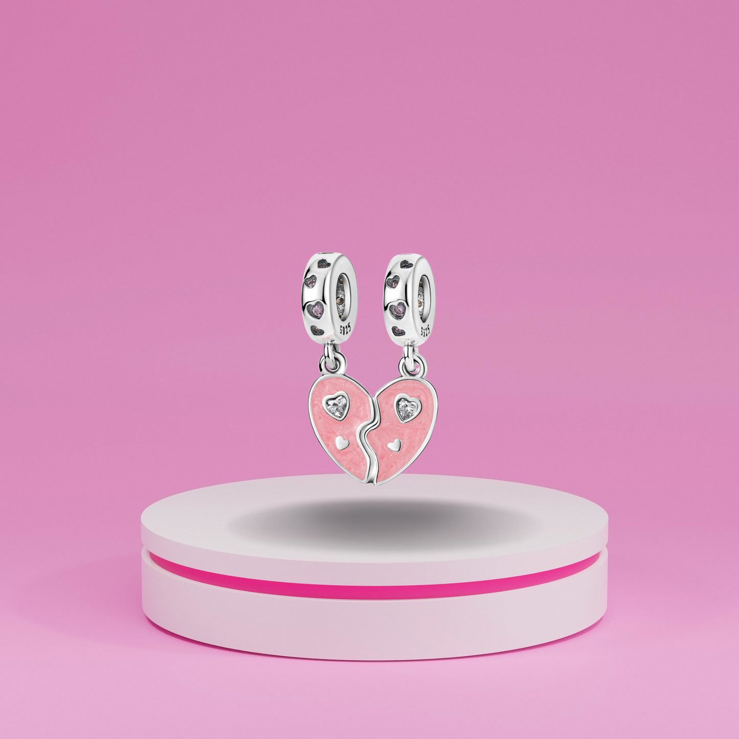 Set de Charms Colgantes Corazón Dividido Rosa con Detalles Brillantes en Plata de Ley 925 Compatibles con Pulseras