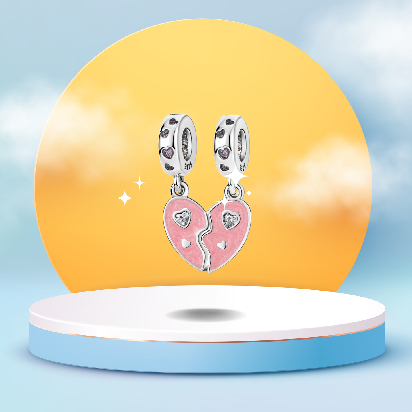 Set de Charms Colgantes Corazón Dividido Rosa con Detalles Brillantes en Plata de Ley 925 Compatibles con Pulseras