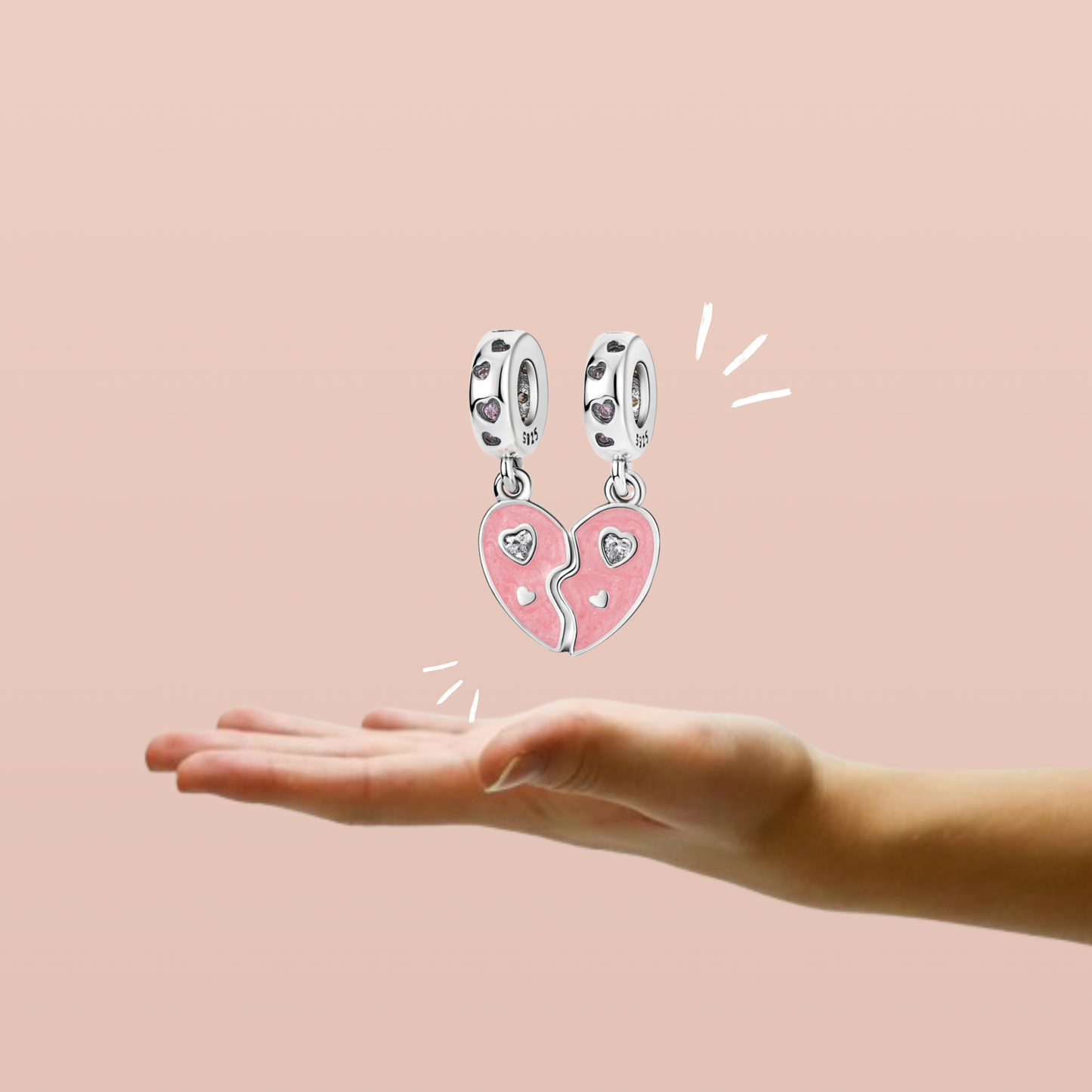 Set de Charms Colgantes Corazón Dividido Rosa con Detalles Brillantes en Plata de Ley 925 Compatibles con Pulseras