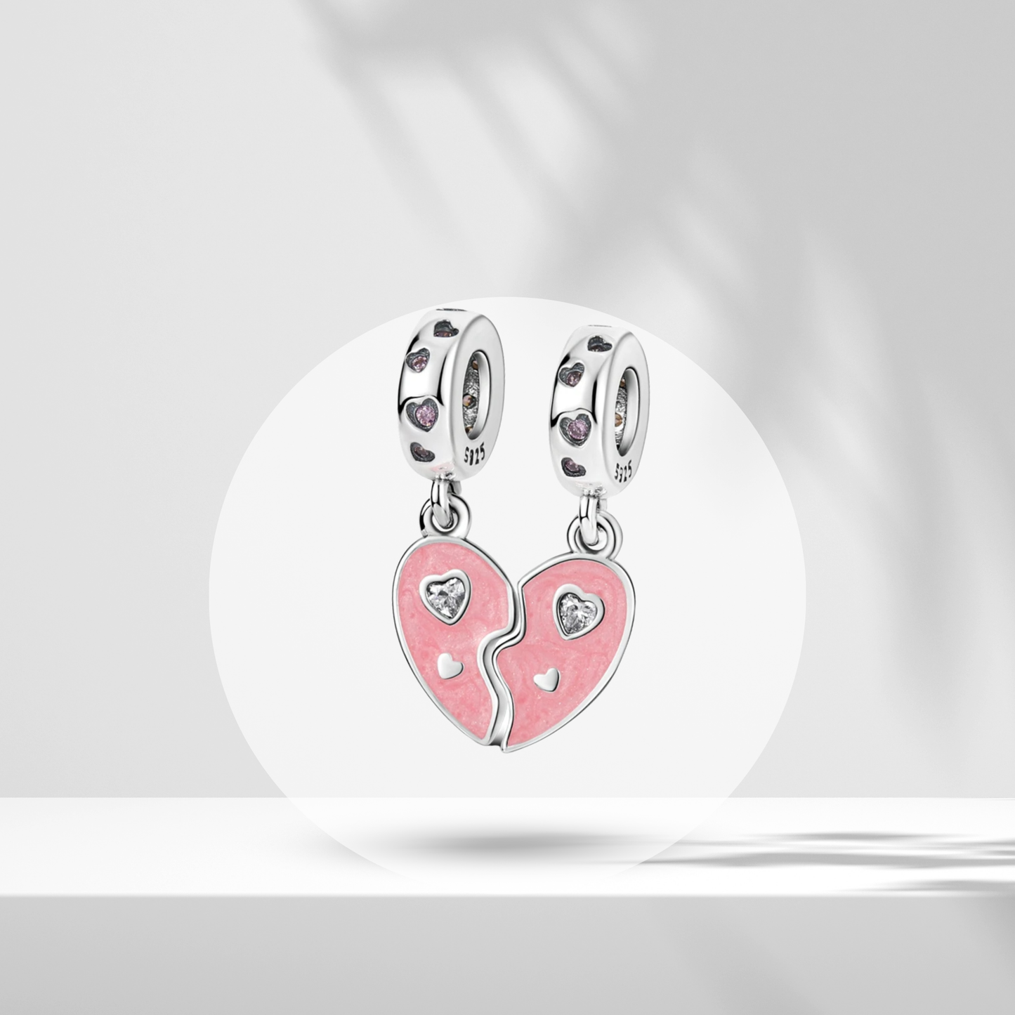 Set de Charms Colgantes Corazón Dividido Rosa con Detalles Brillantes en Plata de Ley 925 Compatibles con Pulseras