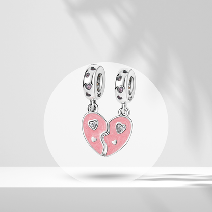Set de Charms Colgantes Corazón Dividido Rosa con Detalles Brillantes en Plata de Ley 925 Compatibles con Pulseras