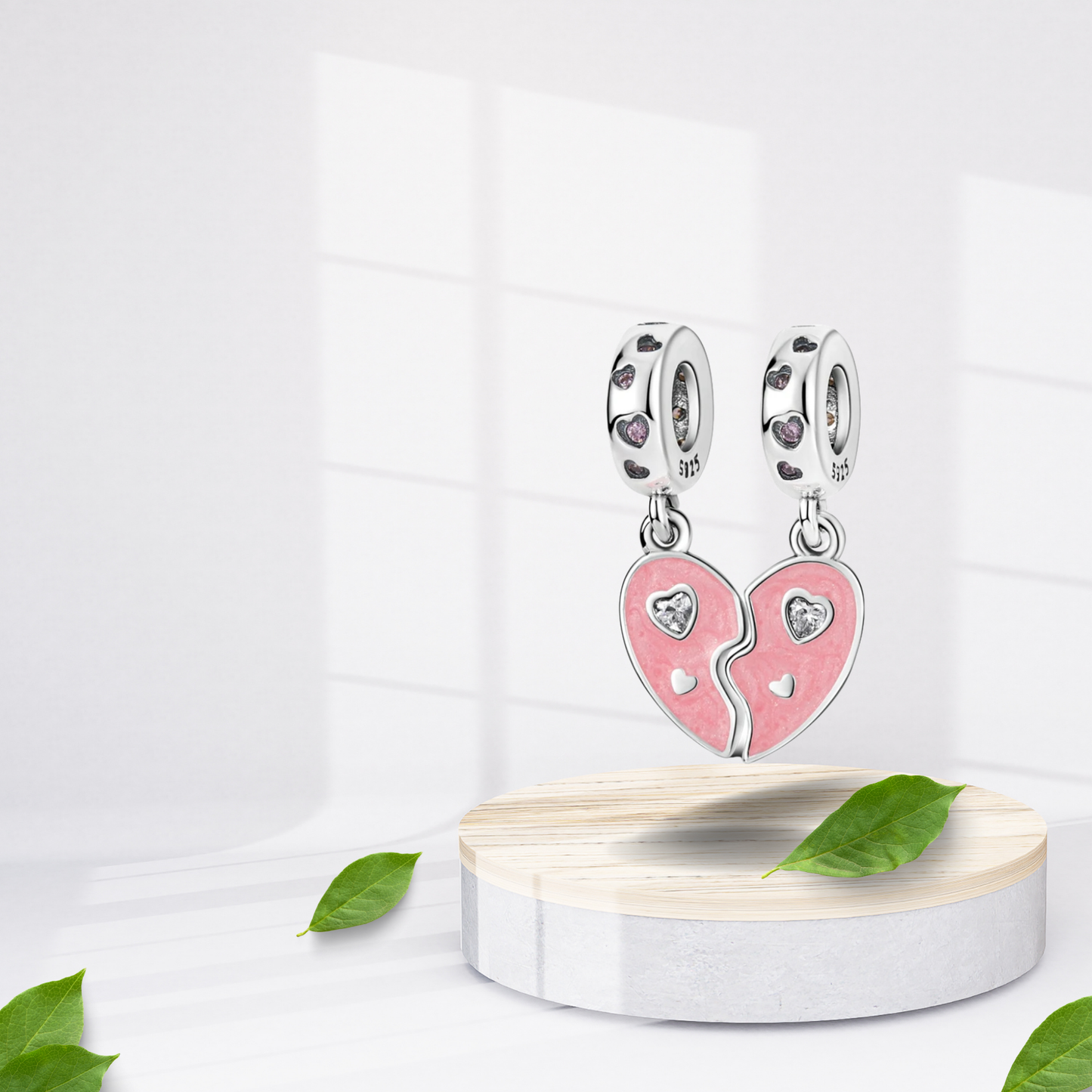 Set de Charms Colgantes Corazón Dividido Rosa con Detalles Brillantes en Plata de Ley 925 Compatibles con Pulseras