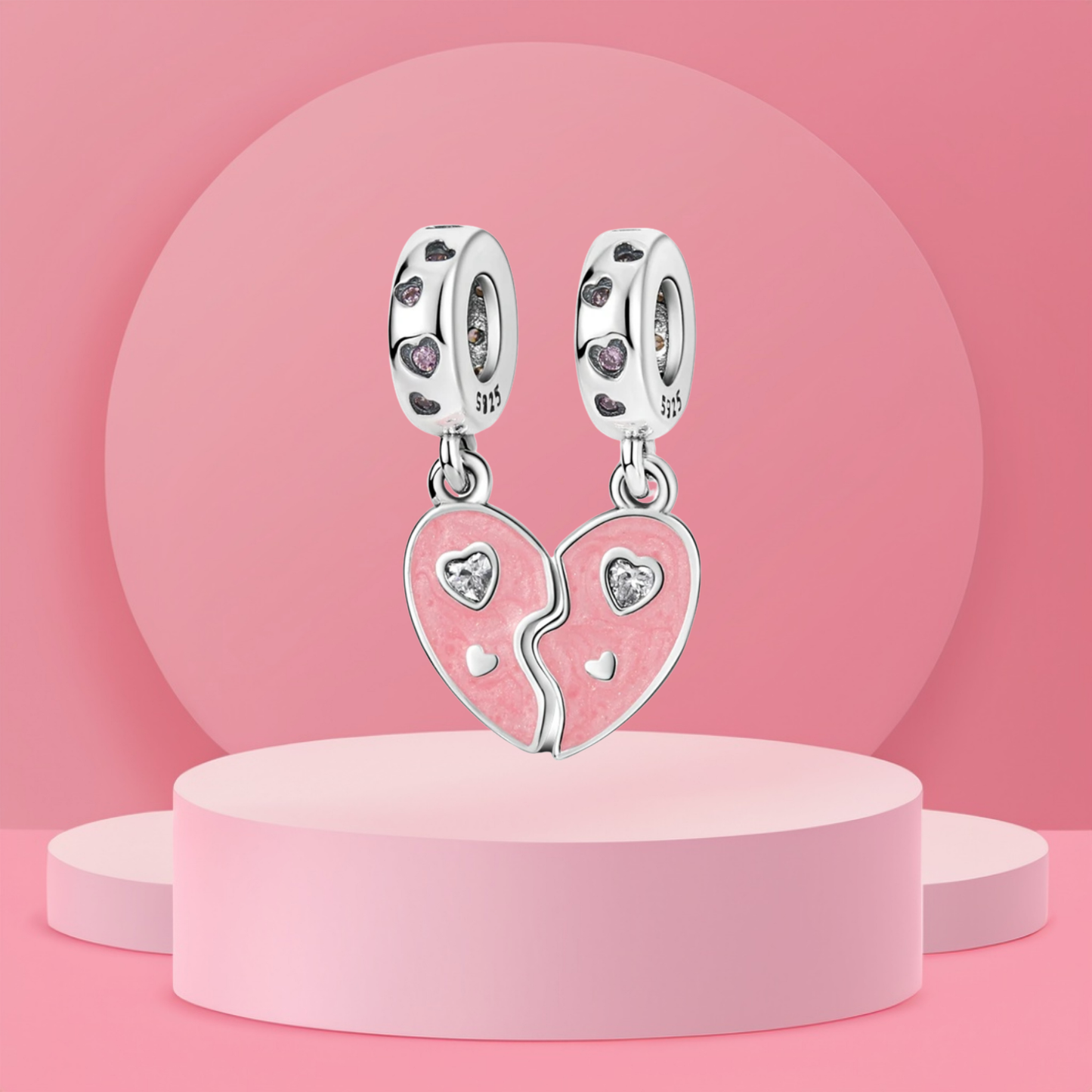 Set de Charms Colgantes Corazón Dividido Rosa con Detalles Brillantes en Plata de Ley 925 Compatibles con Pulseras
