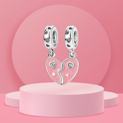 Set de Charms Colgantes Corazón Dividido Rosa con Detalles Brillantes en Plata de Ley 925 Compatibles con Pulseras