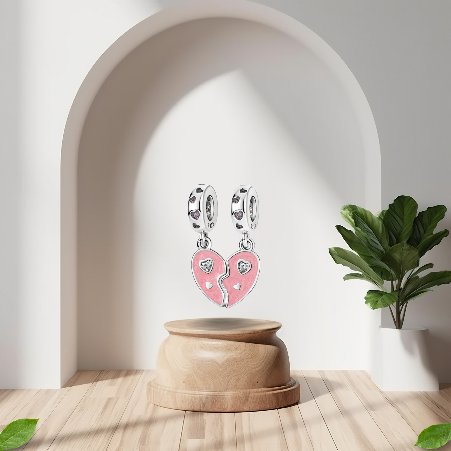 Set de Charms Colgantes Corazón Dividido Rosa con Detalles Brillantes en Plata de Ley 925 Compatibles con Pulseras
